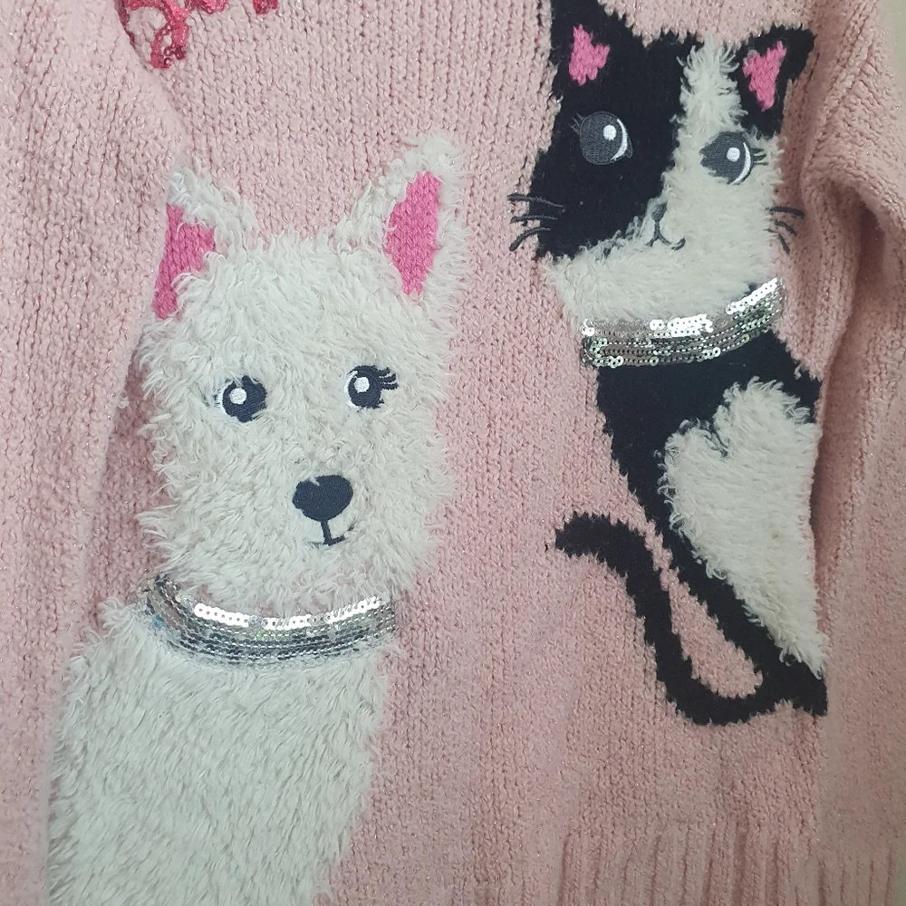 Justice Girl's Besties Dog & Cat Knit Pink Pullover Sweater Sz 6.